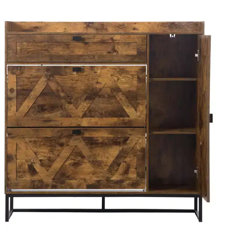 AEELLEEA Rustic Brown 4-Door Shoe Storage Cabinet: Farmhouse Entryway Organizer with Flip Drawers