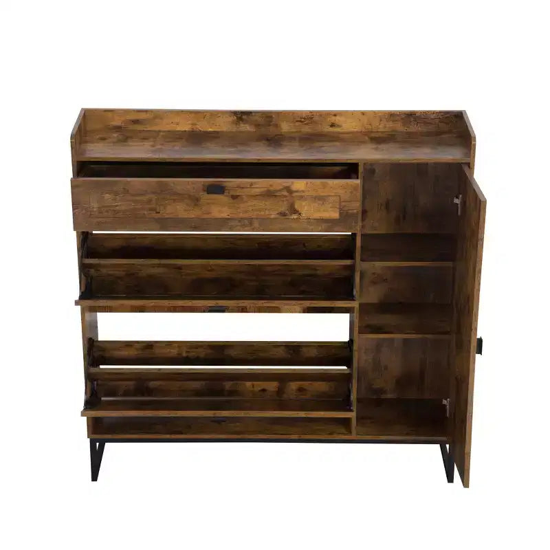AEELLEEA Rustic Brown 4-Door Shoe Storage Cabinet: Farmhouse Entryway Organizer with Flip Drawers