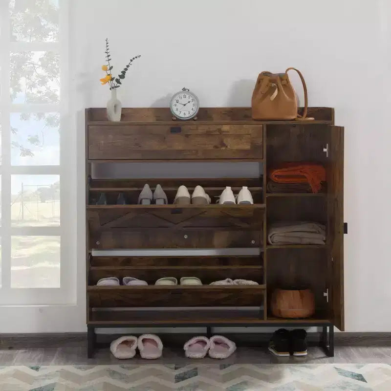 AEELLEEA Rustic Brown 4-Door Shoe Storage Cabinet: Farmhouse Entryway Organizer with Flip Drawers
