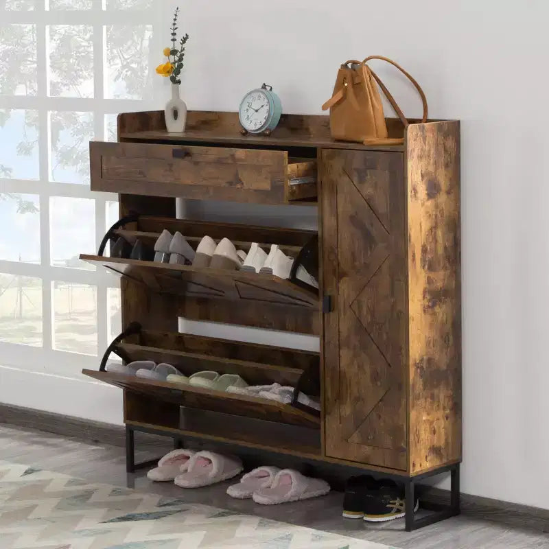 AEELLEEA Rustic Brown 4-Door Shoe Storage Cabinet: Farmhouse Entryway Organizer with Flip Drawers