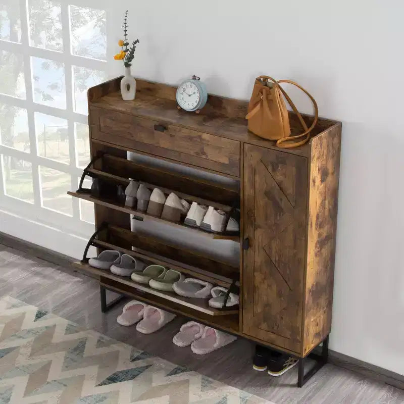 AEELLEEA Rustic Brown 4-Door Shoe Storage Cabinet: Farmhouse Entryway Organizer with Flip Drawers