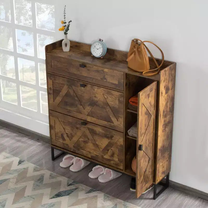 AEELLEEA Rustic Brown 4-Door Shoe Storage Cabinet: Farmhouse Entryway Organizer with Flip Drawers