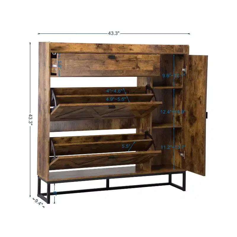 AEELLEEA Rustic Brown 4-Door Shoe Storage Cabinet: Farmhouse Entryway Organizer with Flip Drawers