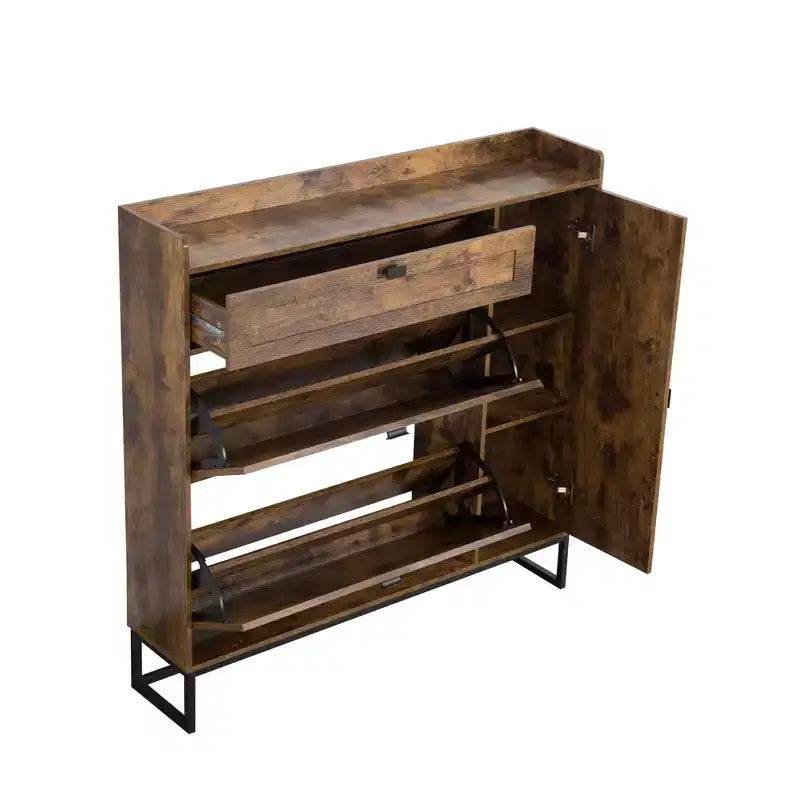 AEELLEEA Rustic Brown 4-Door Shoe Storage Cabinet: Farmhouse Entryway Organizer with Flip Drawers