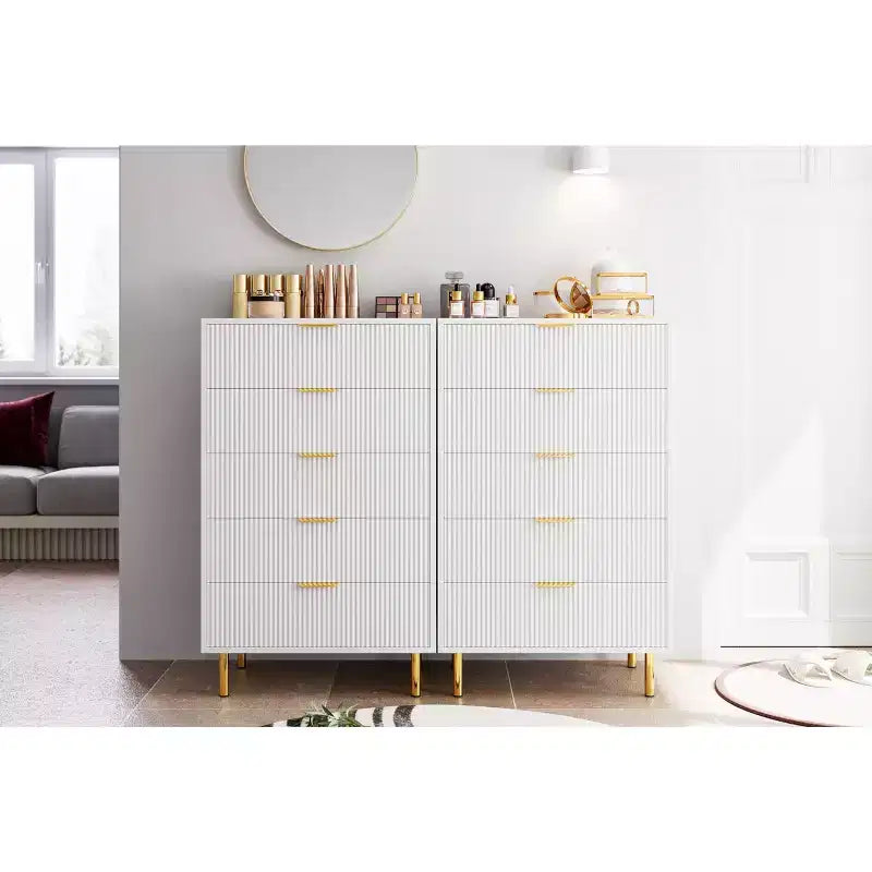 Acekool White 5 Drawer Dresser for Bedroom, Modern Storage Chest with Gold Handles, Large Drawers, Organizer Cabinet for Living Room, Hallway, Office