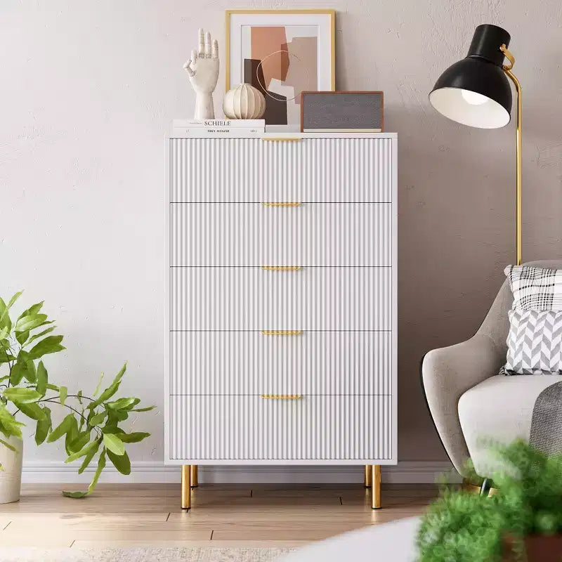 Acekool White 5 Drawer Dresser for Bedroom, Modern Storage Chest with Gold Handles, Large Drawers, Organizer Cabinet for Living Room, Hallway, Office