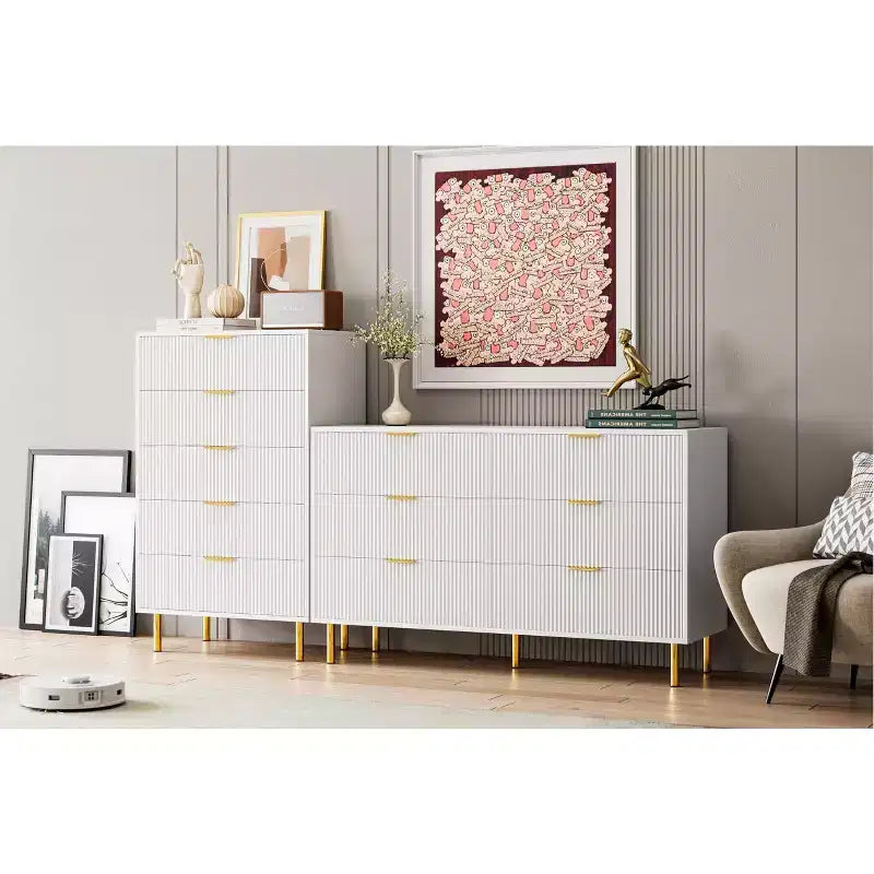Acekool White 5 Drawer Dresser for Bedroom, Modern Storage Chest with Gold Handles, Large Drawers, Organizer Cabinet for Living Room, Hallway, Office