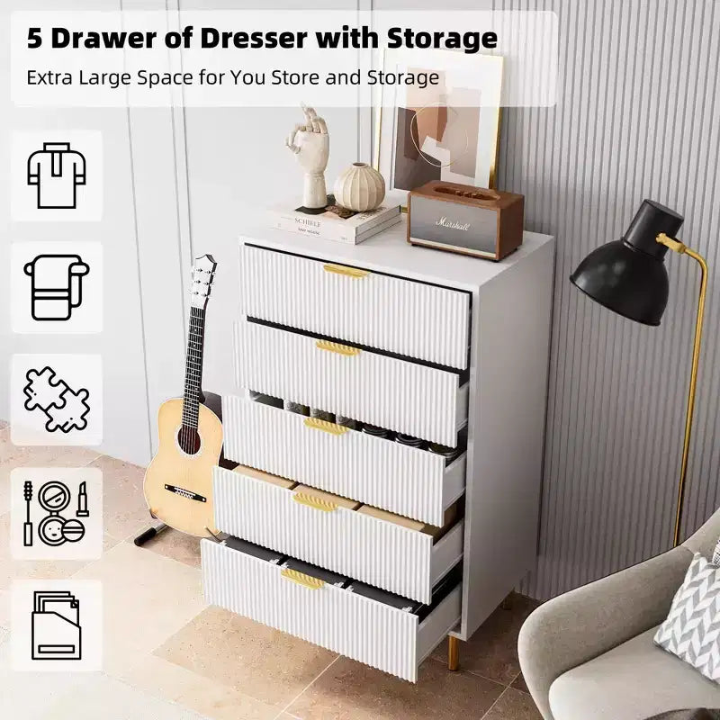 Acekool White 5 Drawer Dresser for Bedroom, Modern Storage Chest with Gold Handles, Large Drawers, Organizer Cabinet for Living Room, Hallway, Office