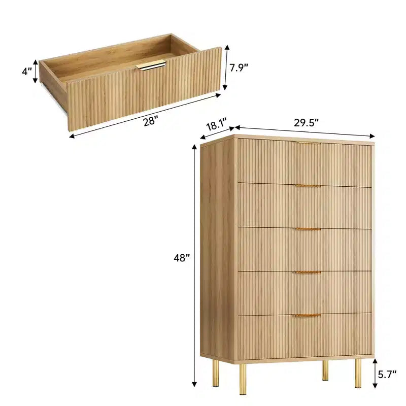 Acekool White 5 Drawer Dresser for Bedroom, Modern Storage Chest with Gold Handles, Large Drawers, Organizer Cabinet for Living Room, Hallway, Office