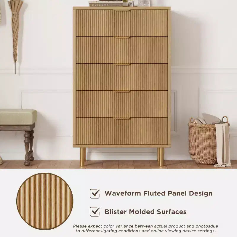 Acekool White 5 Drawer Dresser for Bedroom, Modern Storage Chest with Gold Handles, Large Drawers, Organizer Cabinet for Living Room, Hallway, Office
