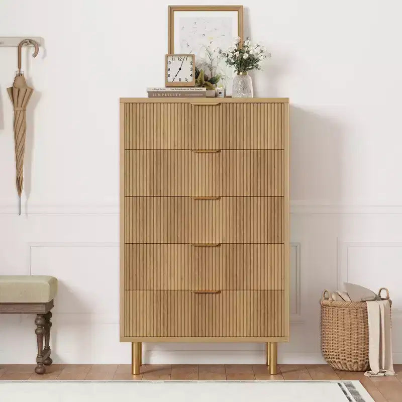 Acekool White 5 Drawer Dresser for Bedroom, Modern Storage Chest with Gold Handles, Large Drawers, Organizer Cabinet for Living Room, Hallway, Office