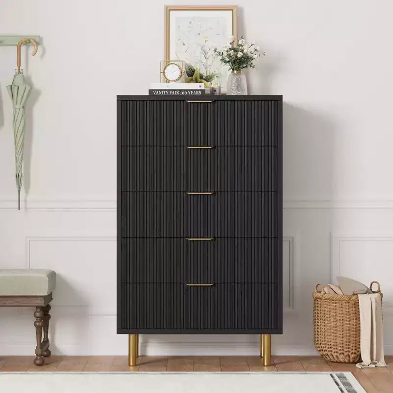 Acekool White 5 Drawer Dresser for Bedroom, Modern Storage Chest with Gold Handles, Large Drawers, Organizer Cabinet for Living Room, Hallway, Office