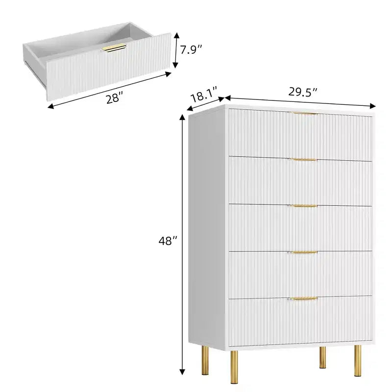 Acekool White 5 Drawer Dresser for Bedroom, Modern Storage Chest with Gold Handles, Large Drawers, Organizer Cabinet for Living Room, Hallway, Office