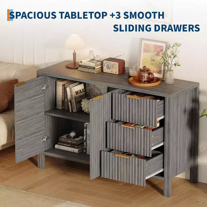 Acekool Modern Fluted 3-Drawer Sideboard Buffet Cabinet, Storage Cabinet for Kitchen or Living Room