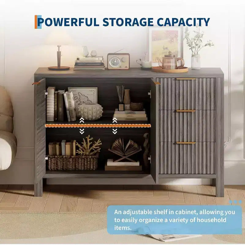 Acekool Modern Fluted 3-Drawer Sideboard Buffet Cabinet, Storage Cabinet for Kitchen or Living Room