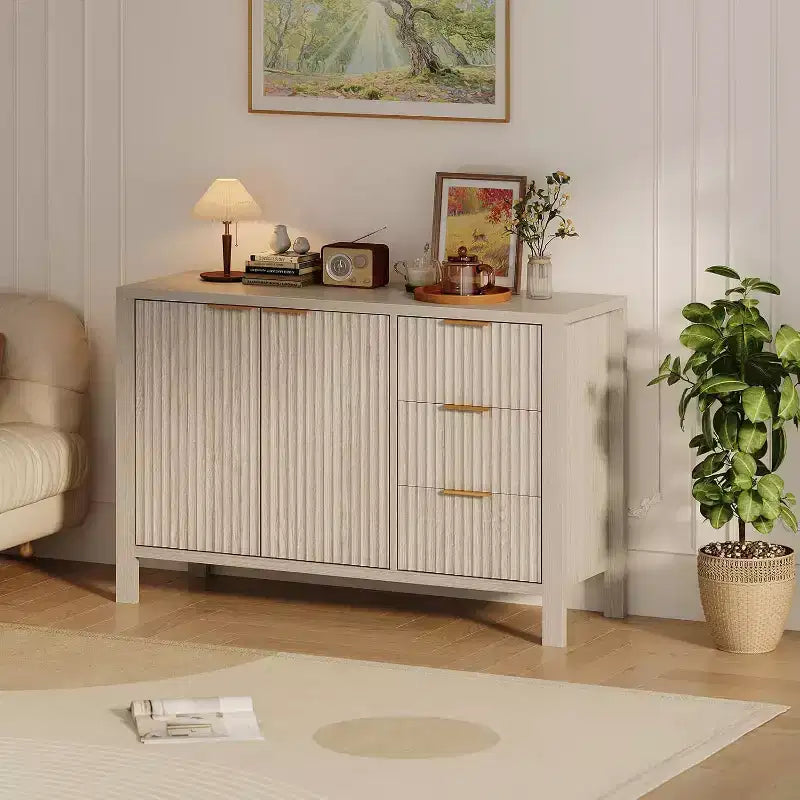 Acekool Modern Fluted 3-Drawer Sideboard Buffet Cabinet, Storage Cabinet for Kitchen or Living Room
