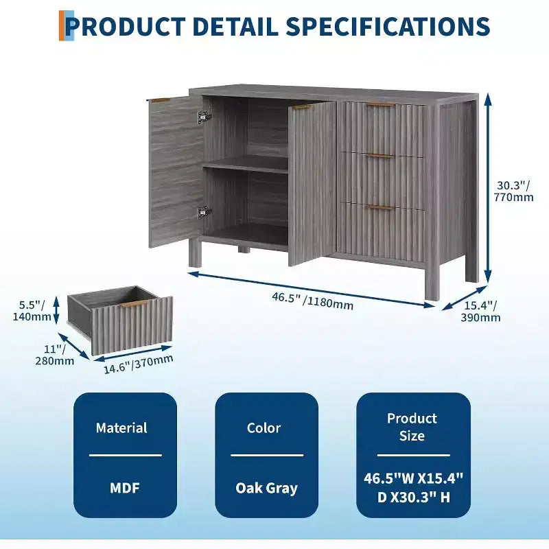 Acekool Modern Fluted 3-Drawer Sideboard Buffet Cabinet, Storage Cabinet for Kitchen or Living Room