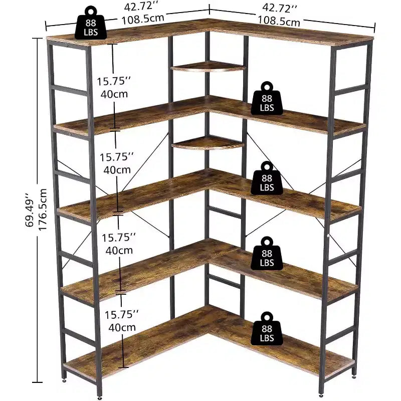 5 Tier Corner Bookcase, Industrial L-Shaped Wooden Bookcase, Large Storage Display Shelf with Metal Frame, Home Office, Living Room, Kitchen