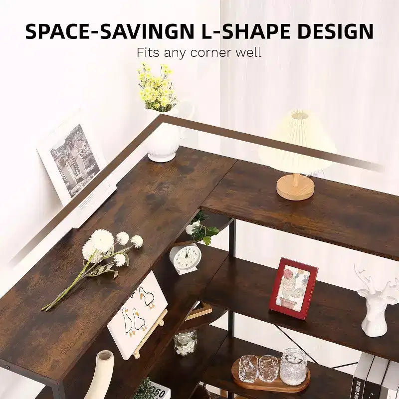 5 Tier Corner Bookcase, Industrial L-Shaped Wooden Bookcase, Large Storage Display Shelf with Metal Frame, Home Office, Living Room, Kitchen