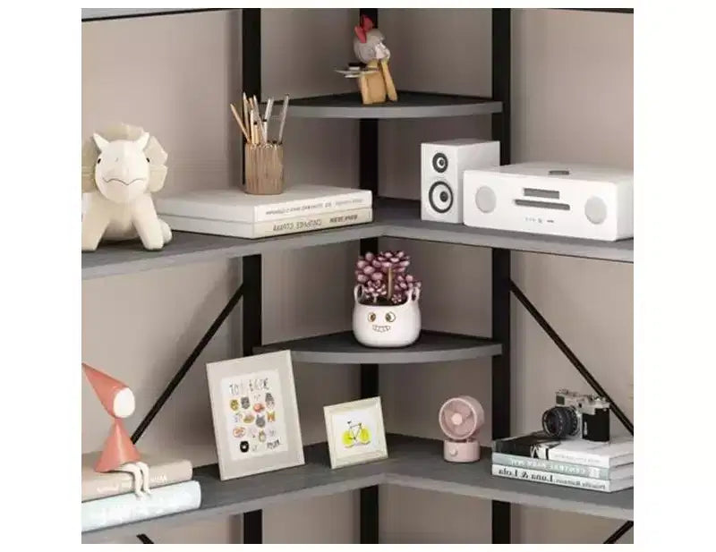 5 Tier Corner Bookcase, Industrial L-Shaped Wooden Bookcase, Large Storage Display Shelf with Metal Frame, Home Office, Living Room, Kitchen