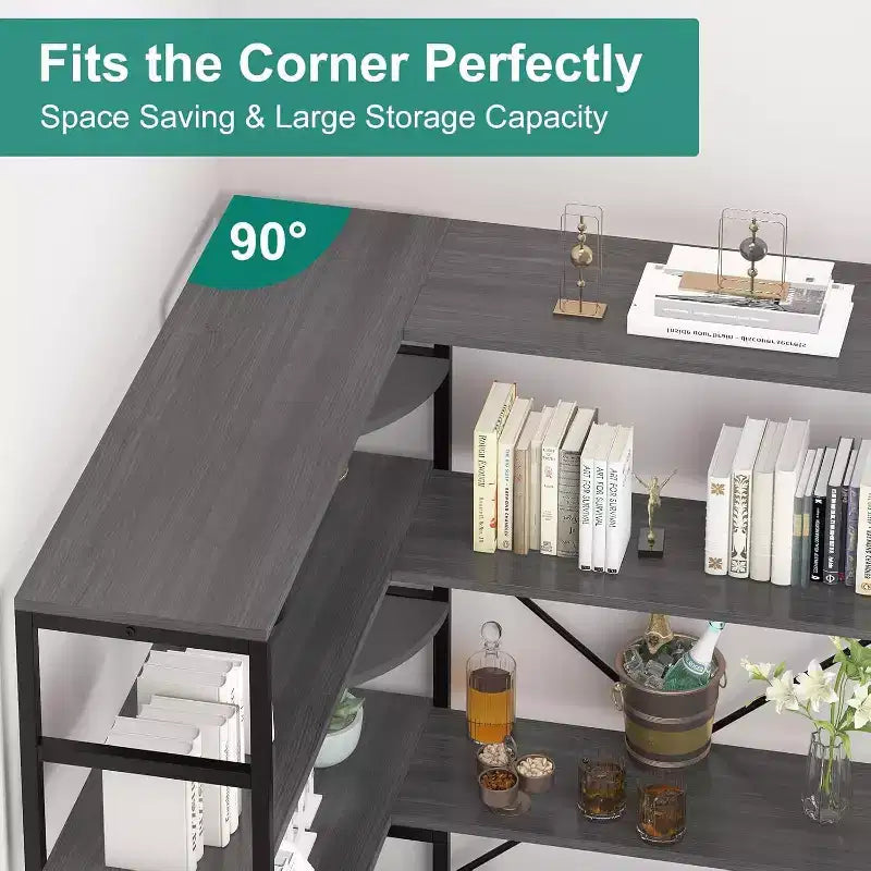 5 Tier Corner Bookcase, Industrial L-Shaped Wooden Bookcase, Large Storage Display Shelf with Metal Frame, Home Office, Living Room, Kitchen
