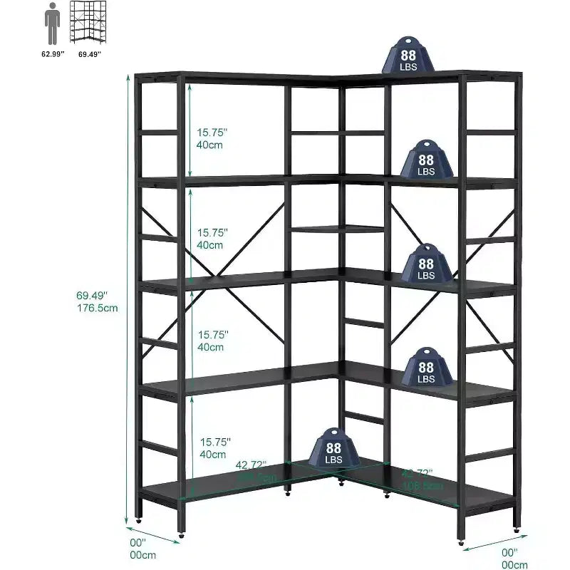 5 Tier Corner Bookcase, Industrial L-Shaped Wooden Bookcase, Large Storage Display Shelf with Metal Frame, Home Office, Living Room, Kitchen