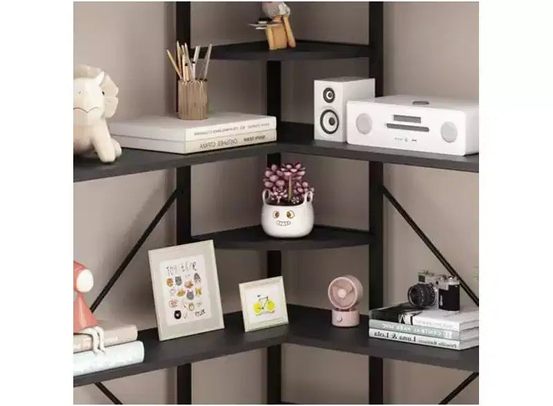 5 Tier Corner Bookcase, Industrial L-Shaped Wooden Bookcase, Large Storage Display Shelf with Metal Frame, Home Office, Living Room, Kitchen