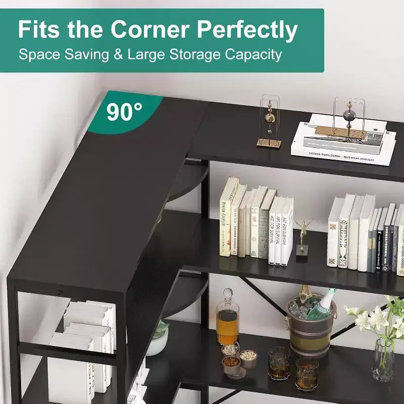5 Tier Corner Bookcase, Industrial L-Shaped Wooden Bookcase, Large Storage Display Shelf with Metal Frame, Home Office, Living Room, Kitchen