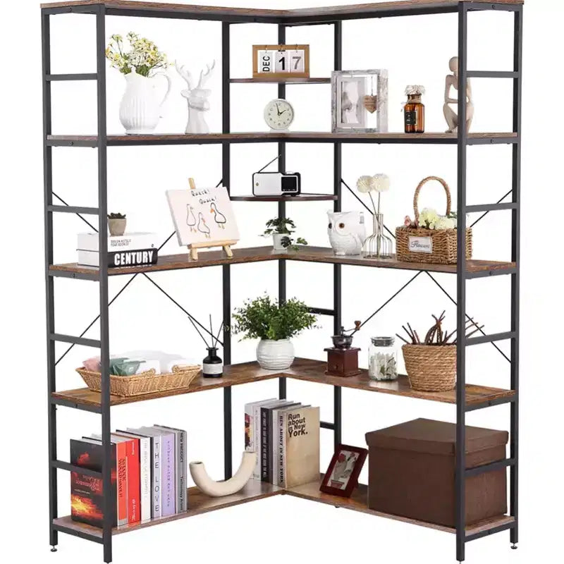 5 Tier Corner Bookcase, Industrial L-Shaped Wooden Bookcase, Large Storage Display Shelf with Metal Frame, Home Office, Living Room, Kitchen