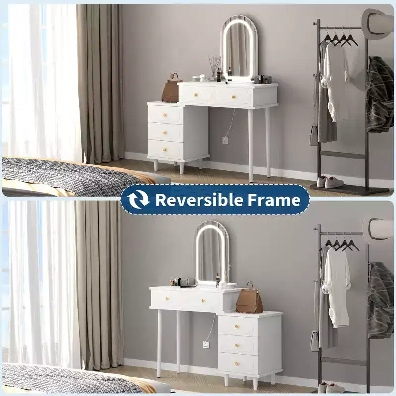 Makeup Vanity Desk with Mirror and Lights, 31W Wooden Dressing Table with 2 Drawers & Cabinet, Modern Makeup Vanity Table for Bedroom