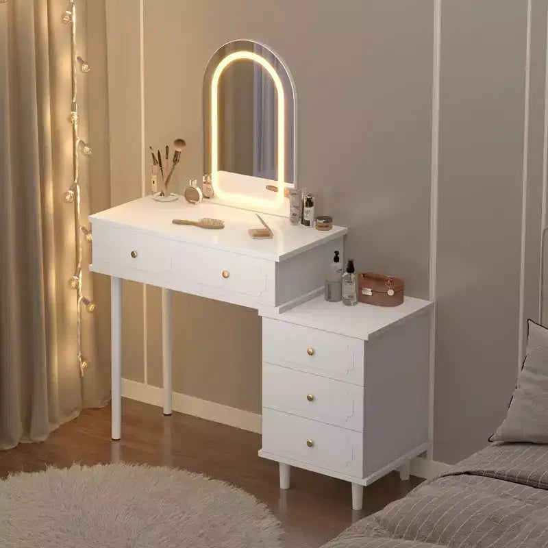 Makeup Vanity Desk with Mirror and Lights, 31W Wooden Dressing Table with 2 Drawers & Cabinet, Modern Makeup Vanity Table for Bedroom