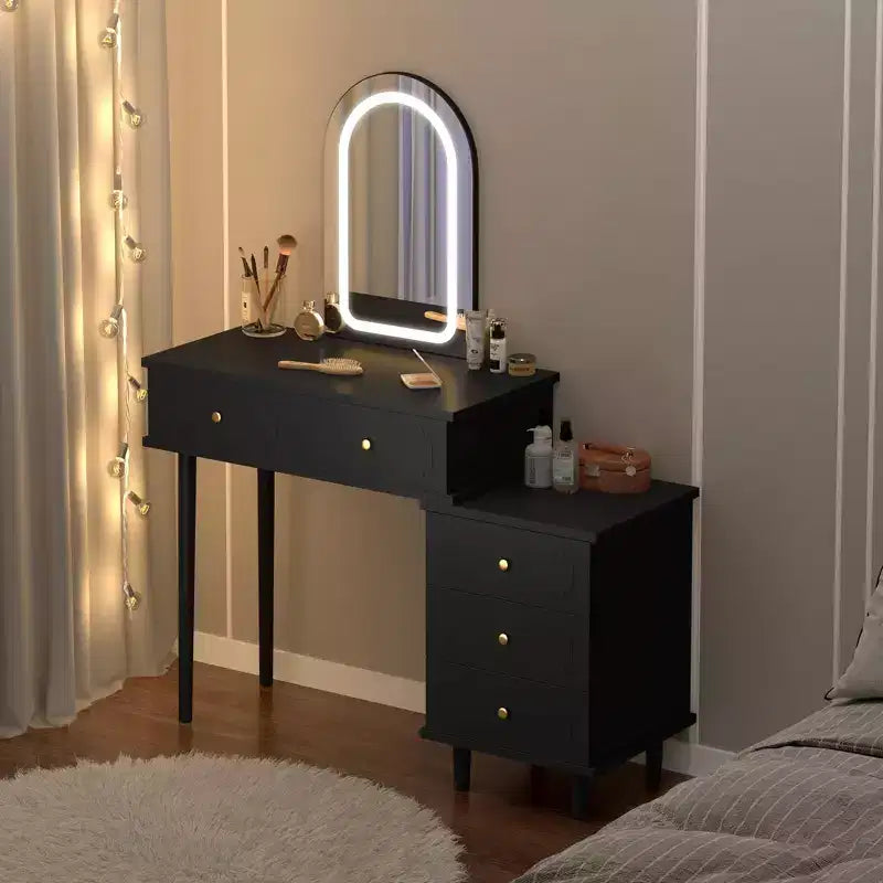 Makeup Vanity Desk with Mirror and Lights, 31W Wooden Dressing Table with 2 Drawers & Cabinet, Modern Makeup Vanity Table for Bedroom