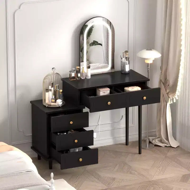 Makeup Vanity Desk with Mirror and Lights, 31W Wooden Dressing Table with 2 Drawers & Cabinet, Modern Makeup Vanity Table for Bedroom