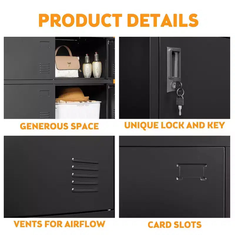 VIYET 35.43 6-Door Metal Storage Locker with Lock & Card Slot, Black Freestanding Locker for Office/Gym/School/Home