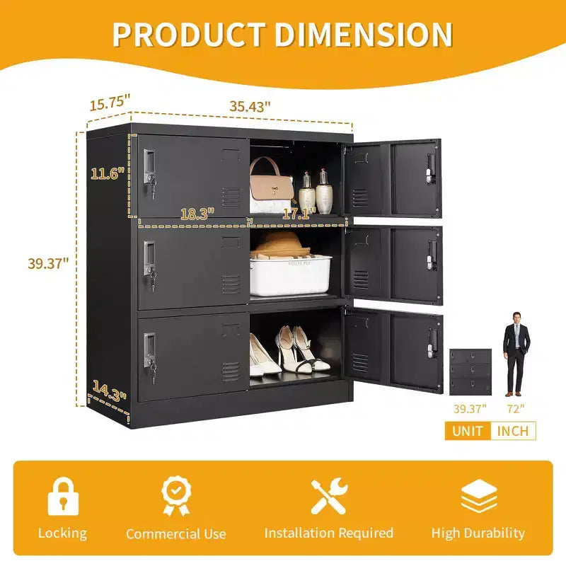 VIYET 35.43 6-Door Metal Storage Locker with Lock & Card Slot, Black Freestanding Locker for Office/Gym/School/Home