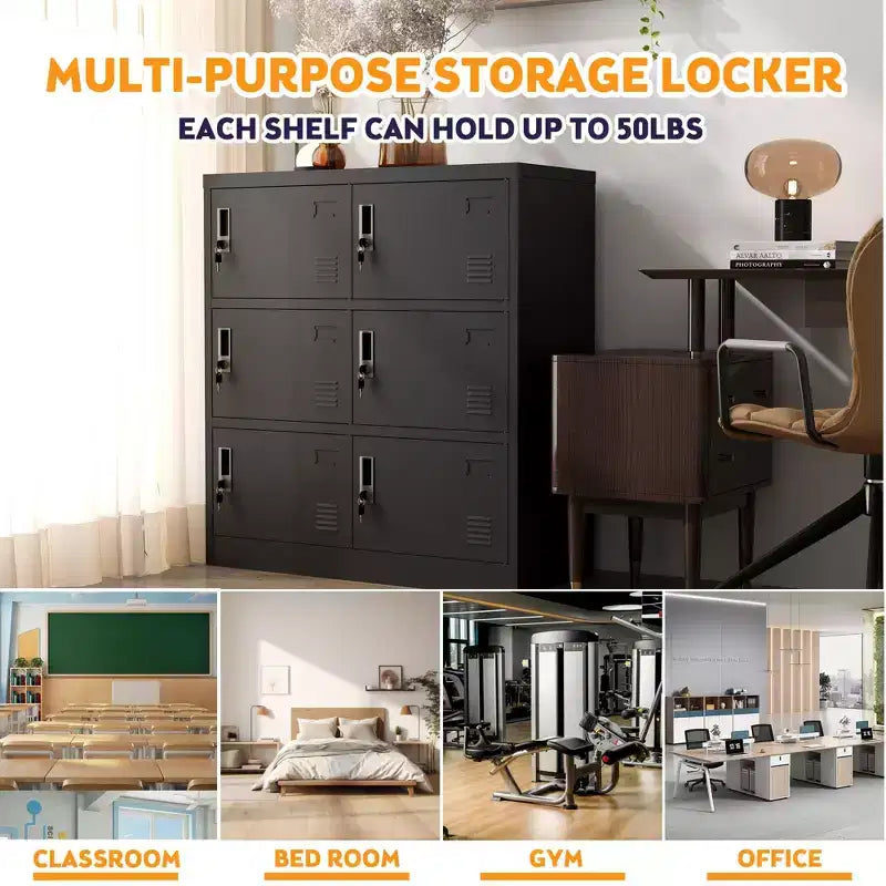 VIYET 35.43 6-Door Metal Storage Locker with Lock & Card Slot, Black Freestanding Locker for Office/Gym/School/Home
