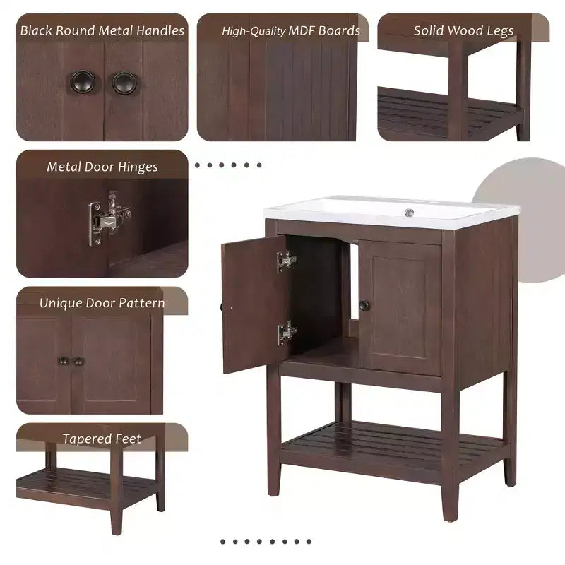 24 Small Bathroom Vanity Sink Combo with Storage , Wood Bathroom Floor Cabinet with Open Shelf