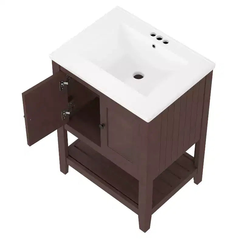 24 Small Bathroom Vanity Sink Combo with Storage , Wood Bathroom Floor Cabinet with Open Shelf