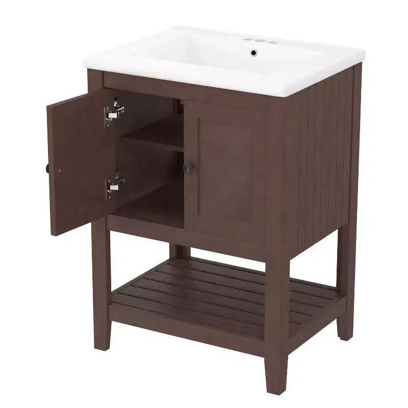 24 Small Bathroom Vanity Sink Combo with Storage , Wood Bathroom Floor Cabinet with Open Shelf