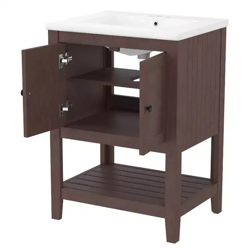 24 Small Bathroom Vanity Sink Combo with Storage , Wood Bathroom Floor Cabinet with Open Shelf