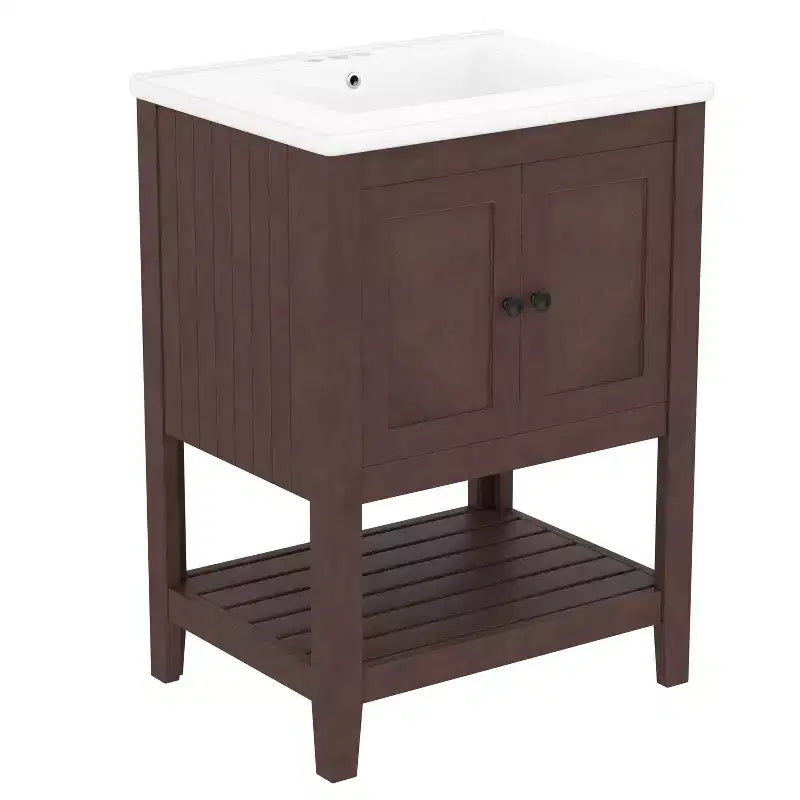 24 Small Bathroom Vanity Sink Combo with Storage , Wood Bathroom Floor Cabinet with Open Shelf