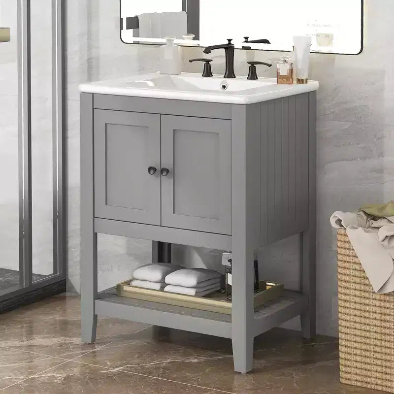24 Small Bathroom Vanity Sink Combo with Storage , Wood Bathroom Floor Cabinet with Open Shelf