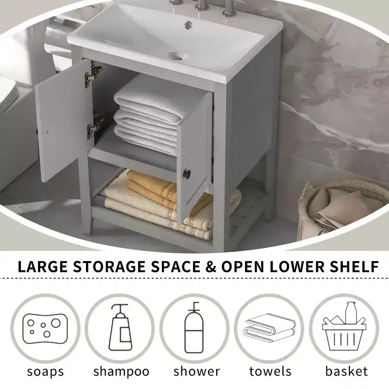 24 Small Bathroom Vanity Sink Combo with Storage , Wood Bathroom Floor Cabinet with Open Shelf