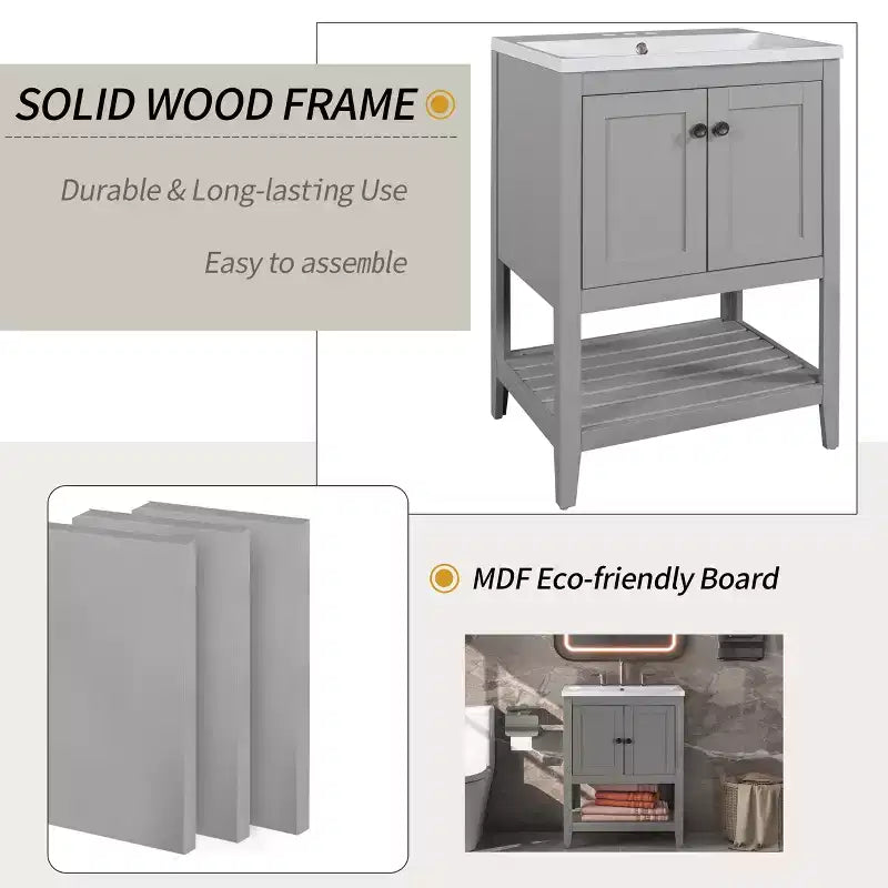 24 Small Bathroom Vanity Sink Combo with Storage , Wood Bathroom Floor Cabinet with Open Shelf