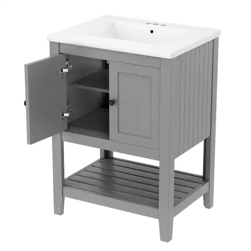 24 Small Bathroom Vanity Sink Combo with Storage , Wood Bathroom Floor Cabinet with Open Shelf
