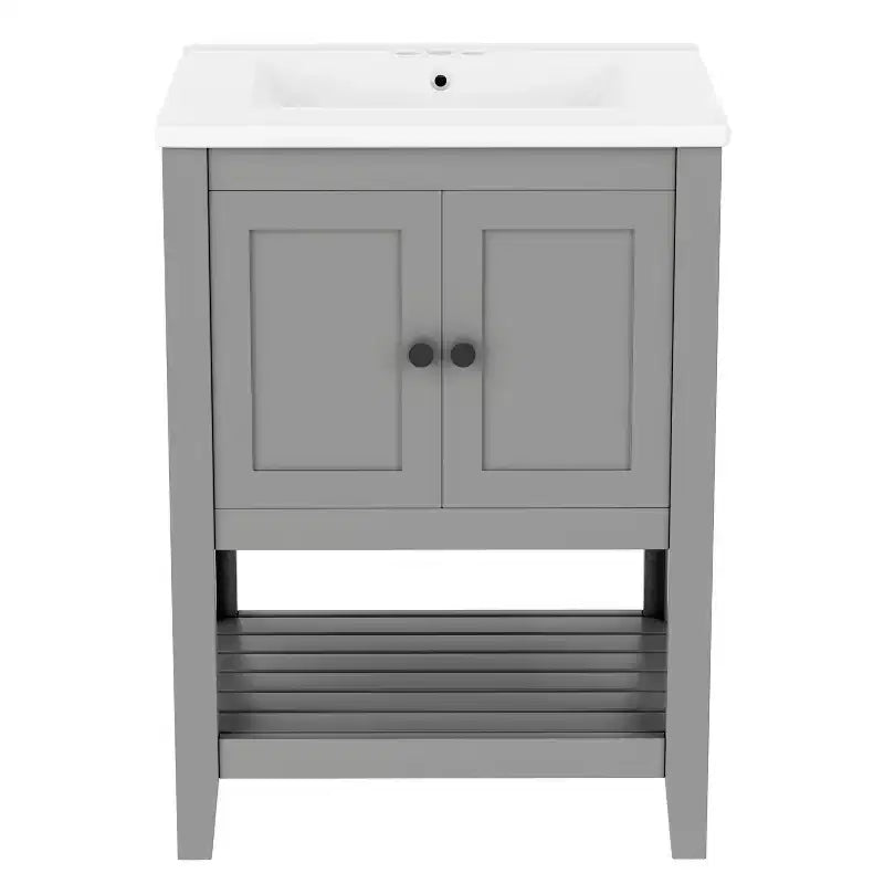 24 Small Bathroom Vanity Sink Combo with Storage , Wood Bathroom Floor Cabinet with Open Shelf