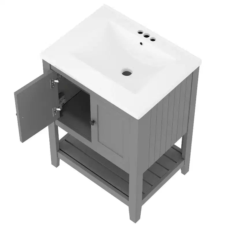 24 Small Bathroom Vanity Sink Combo with Storage , Wood Bathroom Floor Cabinet with Open Shelf