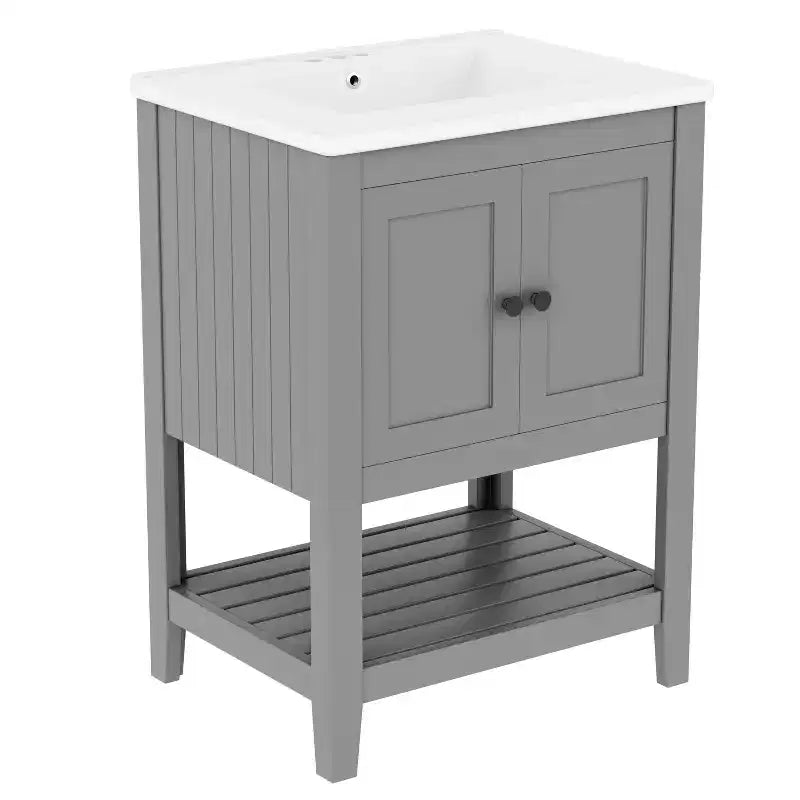 24 Small Bathroom Vanity Sink Combo with Storage , Wood Bathroom Floor Cabinet with Open Shelf