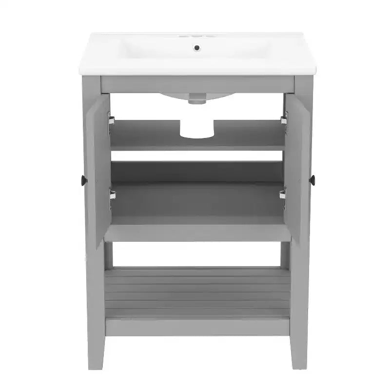 24 Small Bathroom Vanity Sink Combo with Storage , Wood Bathroom Floor Cabinet with Open Shelf