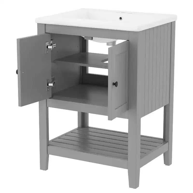 24 Small Bathroom Vanity Sink Combo with Storage , Wood Bathroom Floor Cabinet with Open Shelf